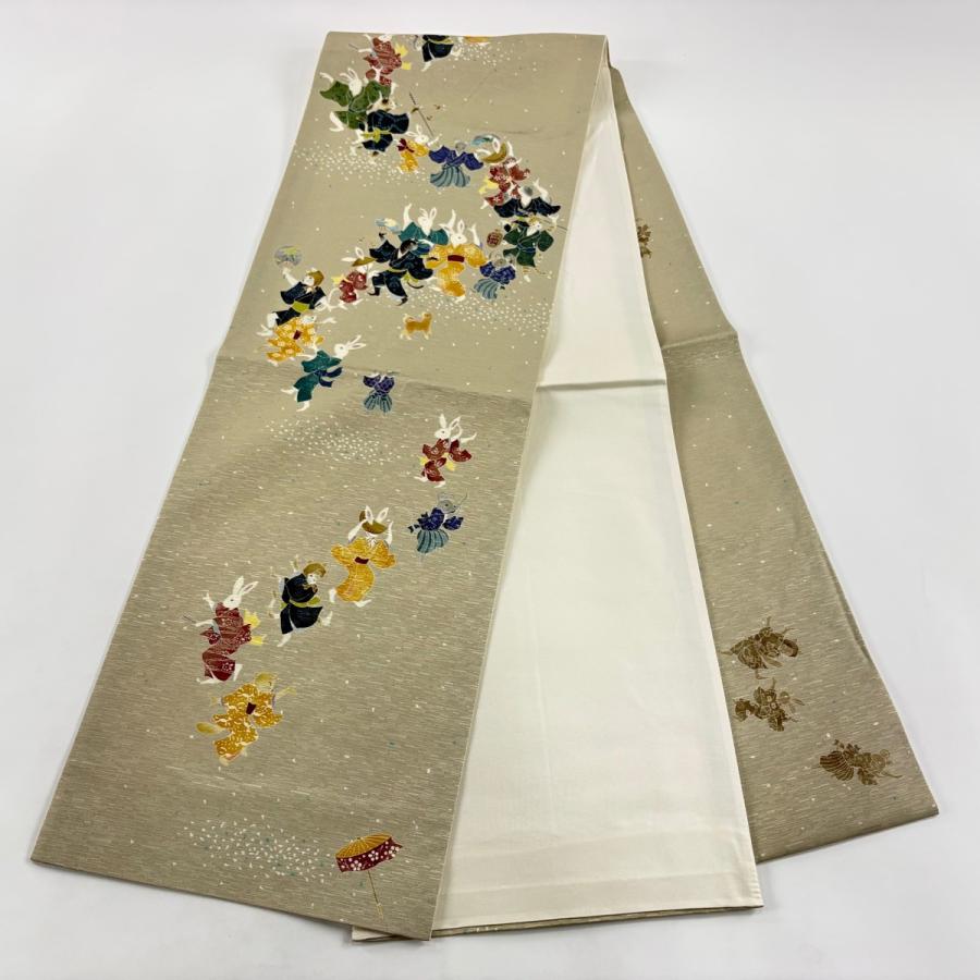 袋名古屋帯 逸品 うさぎ ネズミ ベージュ 正絹 中古