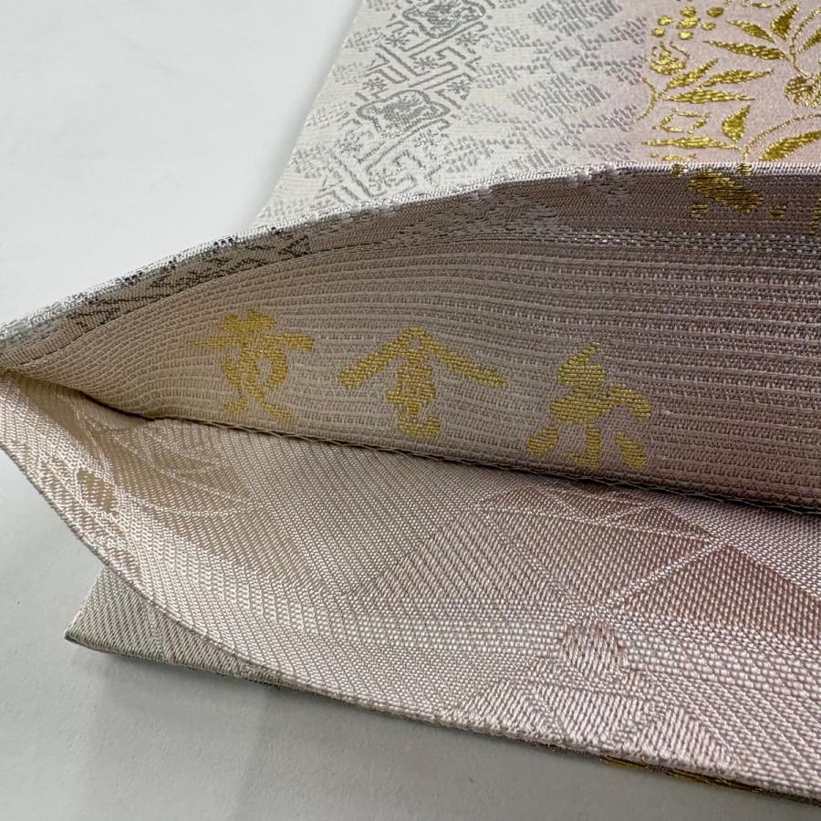 美品 袋帯 逸品 黄金糸 縞 笹蔓 箔 銀通し 薄紫 全通 正絹 中古 
