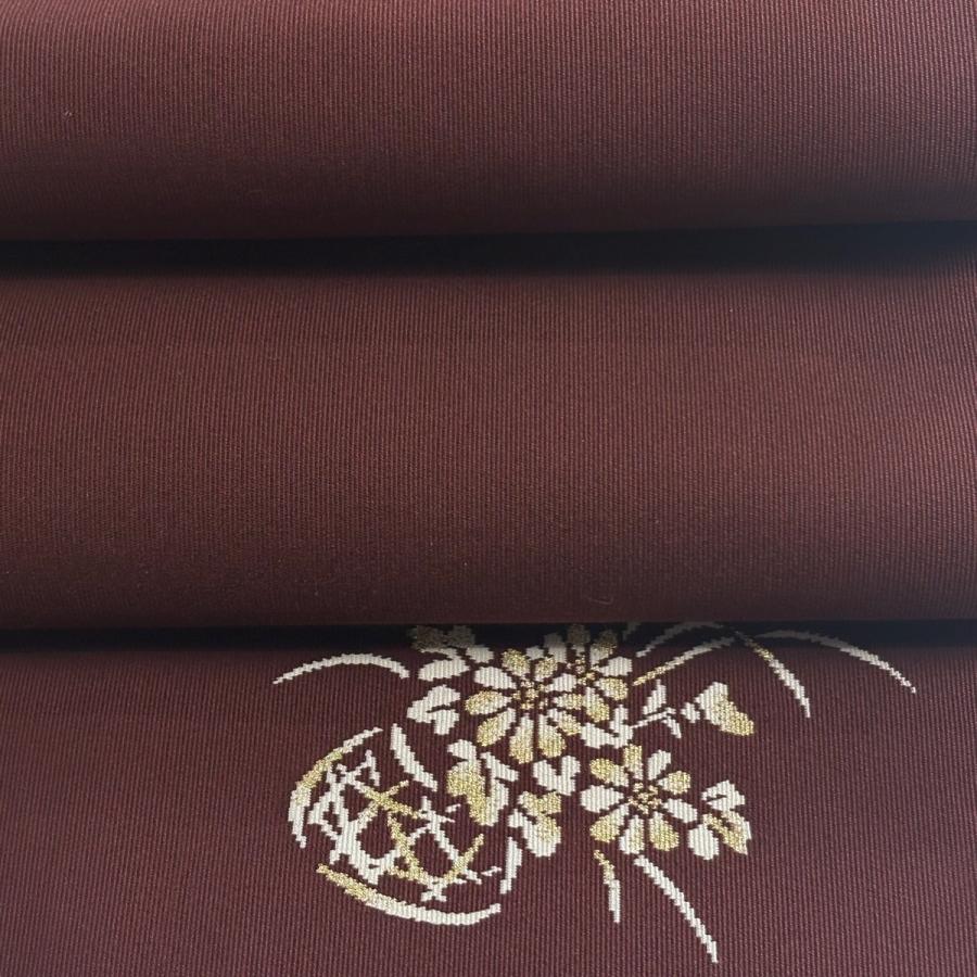 美品 名古屋帯 逸品 八寸名古屋帯 松葉仕立て 花籠 金糸 つづれ えんじ色 正絹 中古