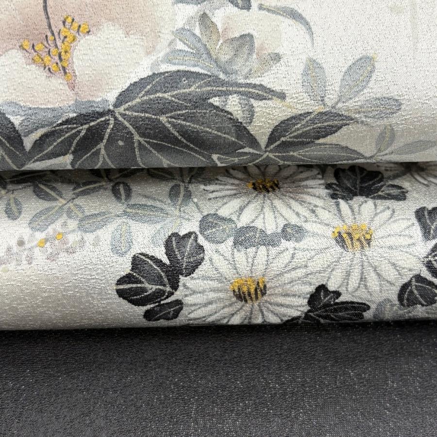 美品 名古屋帯 逸品 草花 金銀彩 銀通し 灰白 正絹 中古