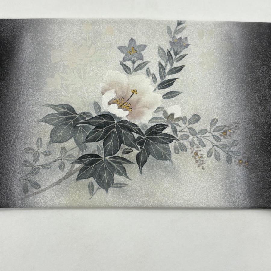 美品 名古屋帯 逸品 草花 金銀彩 銀通し 灰白 正絹 中古