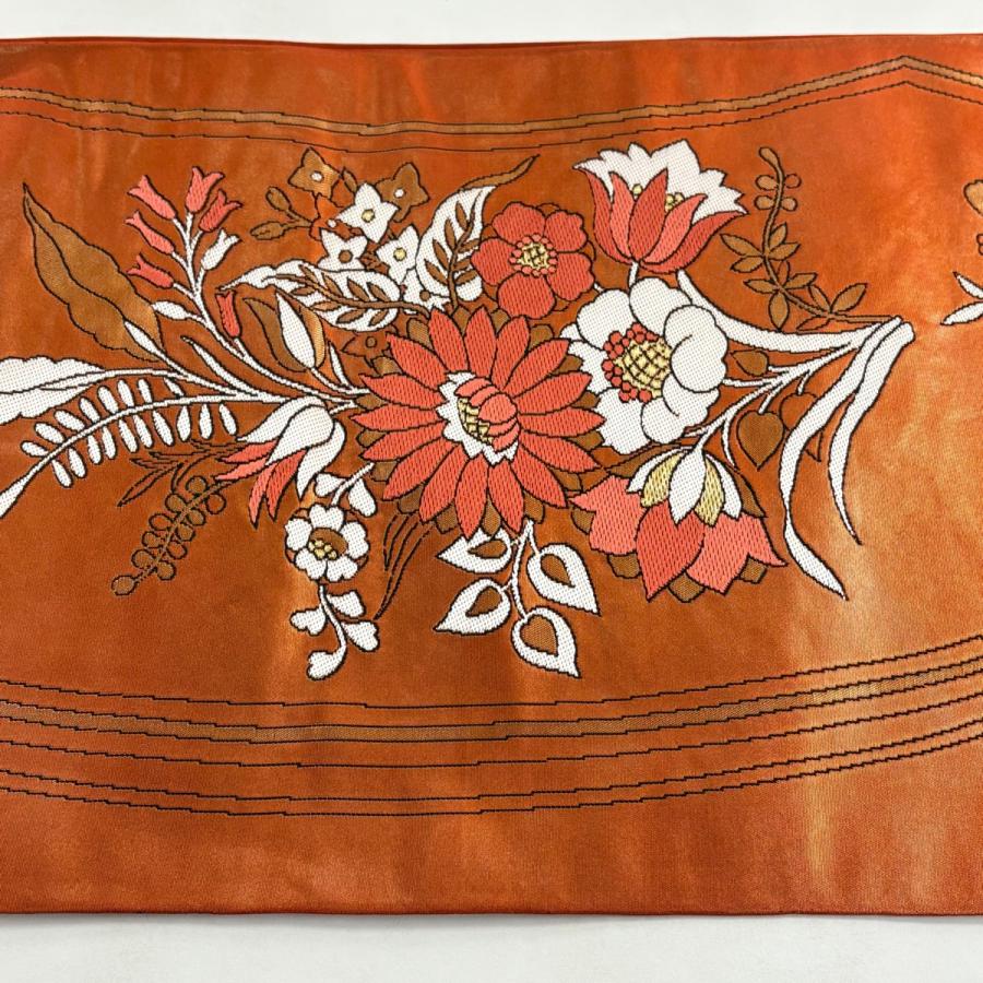 袋帯 名品 渡文 落款あり 証紙あり 草花 金糸 箔 赤茶 六通 正絹 中古