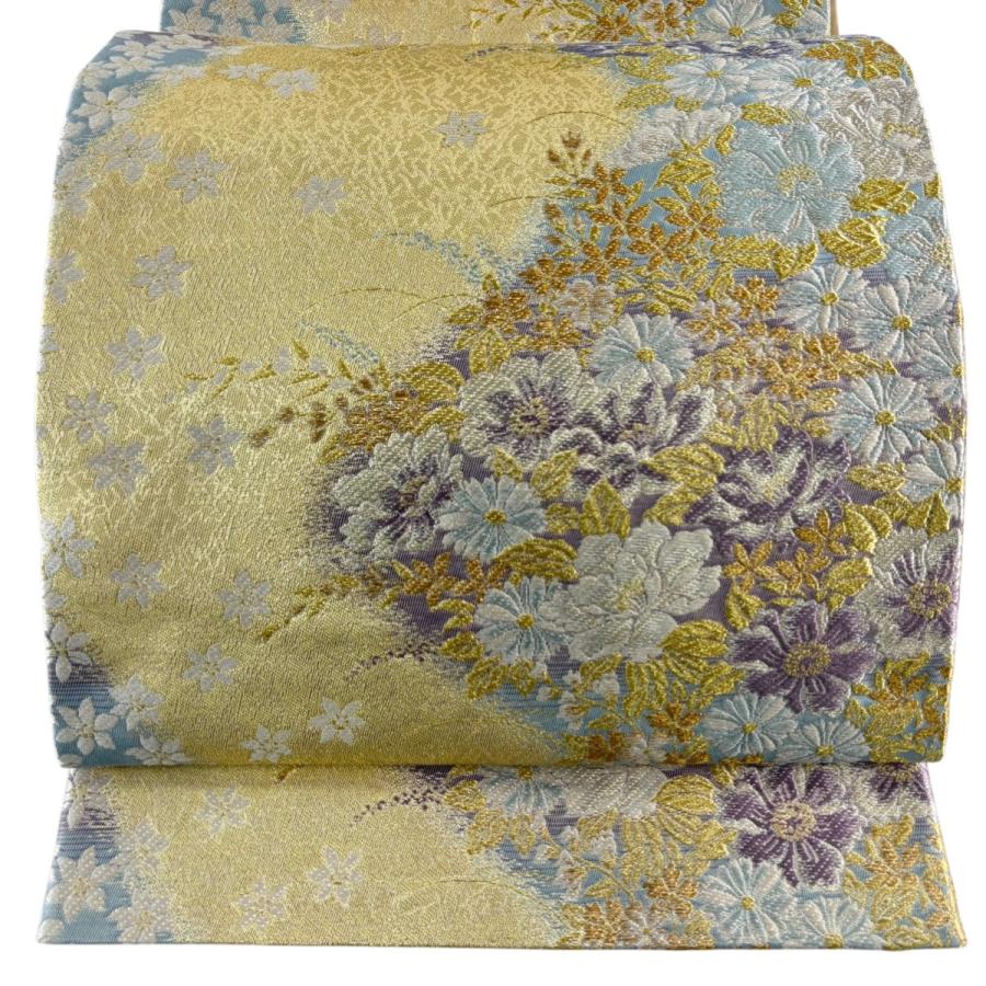 美品 袋帯 名品 森英恵 落款あり 草花 金銀糸 箔 金色 六通 正絹 中古