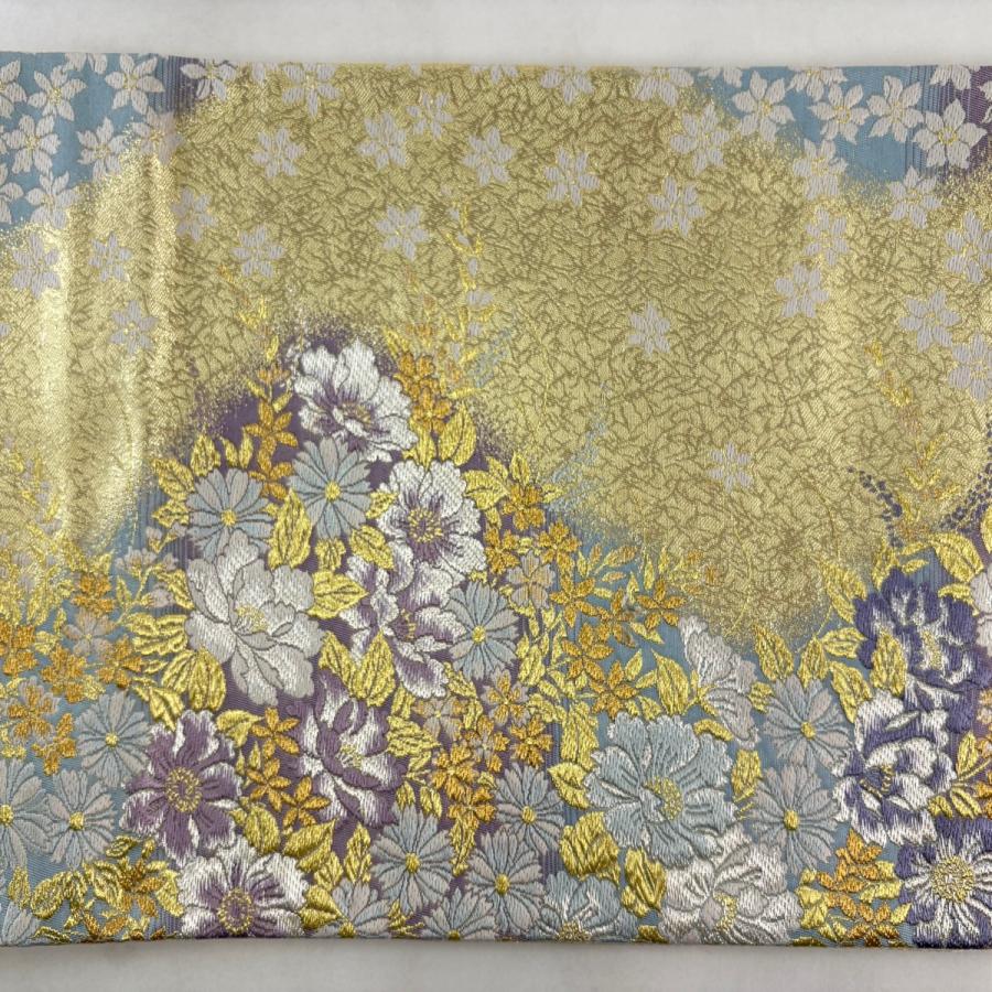美品 袋帯 名品 森英恵 落款あり 草花 金銀糸 箔 金色 六通 正絹 中古