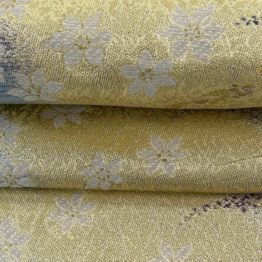 美品 袋帯 名品 森英恵 落款あり 草花 金銀糸 箔 金色 六通 正絹 中古
