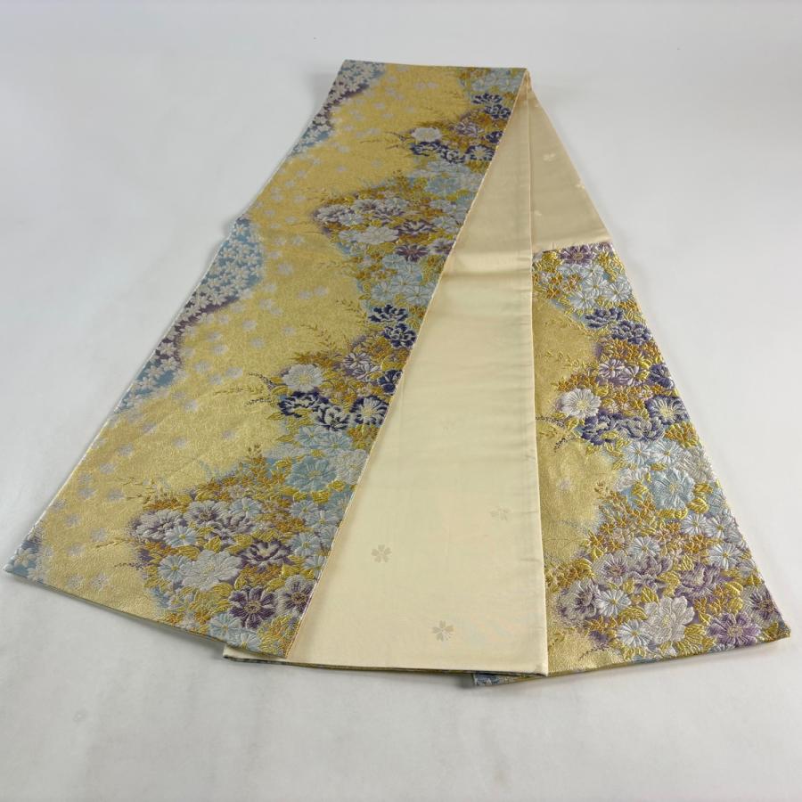 美品 袋帯 名品 森英恵 落款あり 草花 金銀糸 箔 金色 六通 正絹 中古