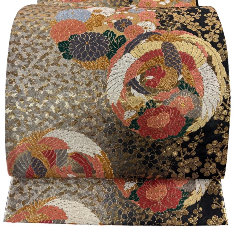 美品 袋帯 名品 花丸文 鳥丸文 金糸 唐織 黒 六通 正絹 中古