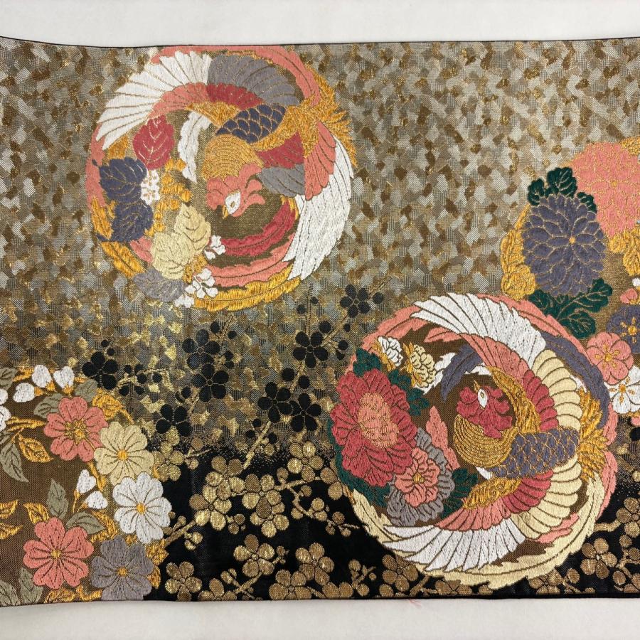 美品 袋帯 名品 花丸文 鳥丸文 金糸 唐織 黒 六通 正絹 中古