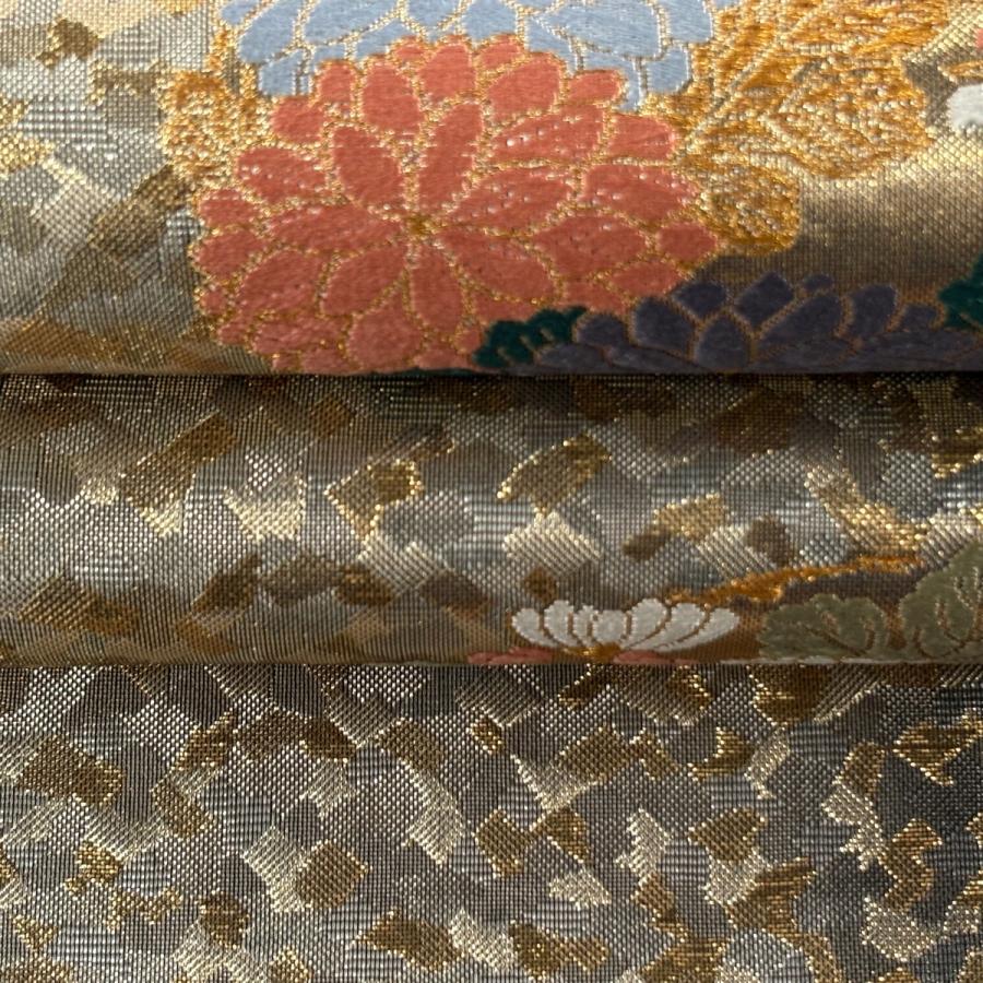 美品 袋帯 名品 花丸文 鳥丸文 金糸 唐織 黒 六通 正絹 中古