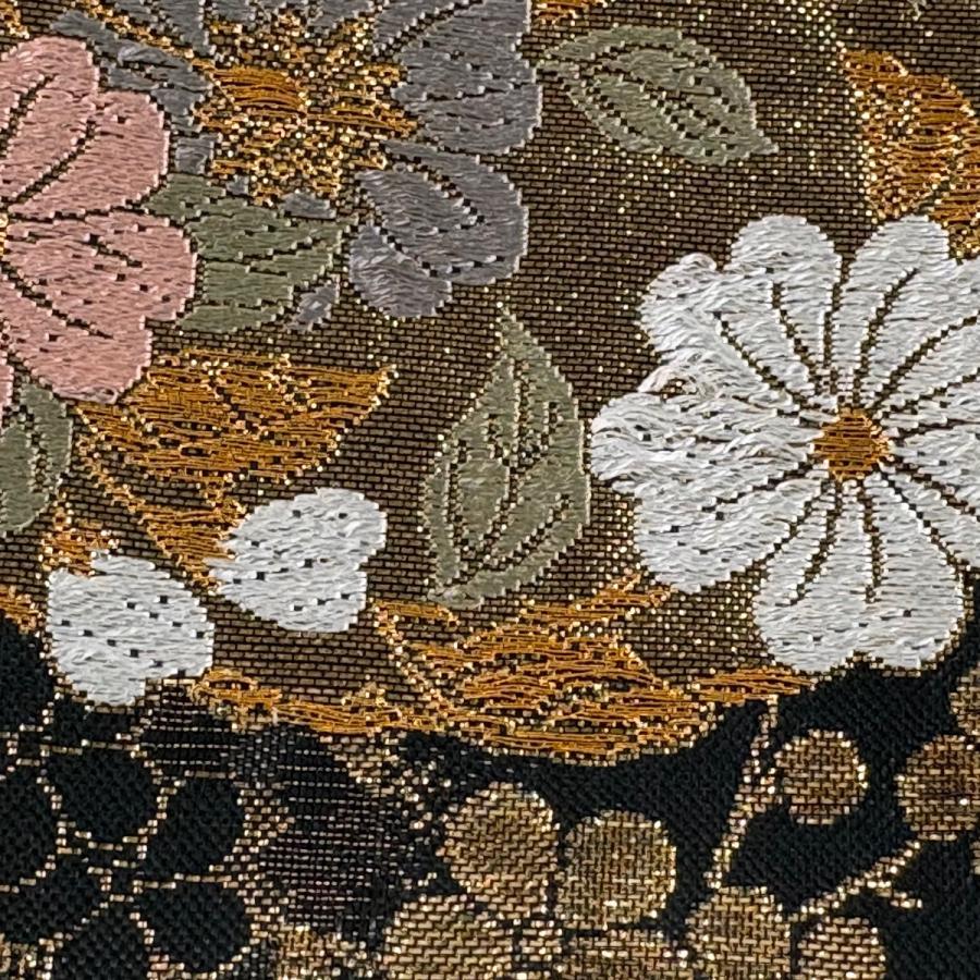 正絹　袋帯　【花丸文】 美品 袋帯 名品 花丸文 鳥丸文 金糸 唐織 黒 六通 正絹 中古