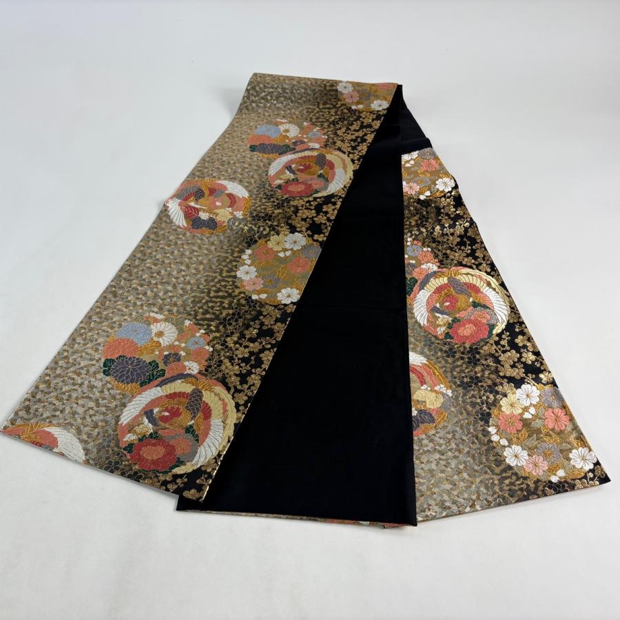 正絹　袋帯　【花丸文】 美品 袋帯 名品 花丸文 鳥丸文 金糸 唐織 黒 六通 正絹 中古