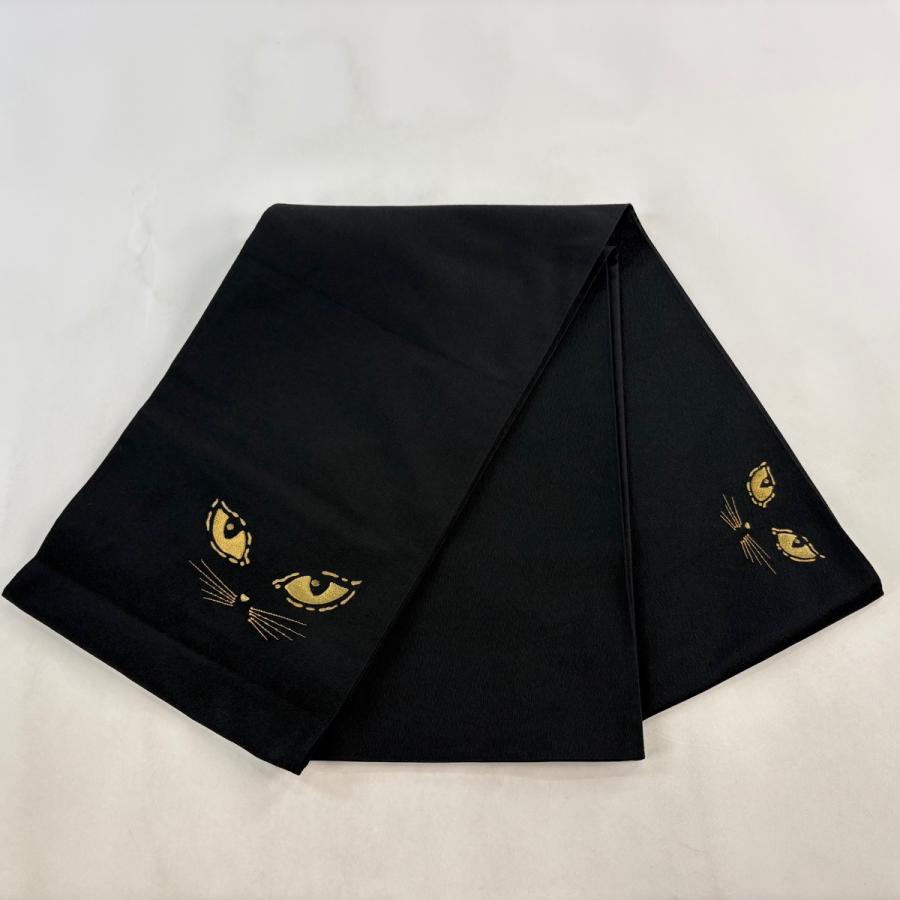 袋帯 逸品 猫 金糸 箔 黒 お太鼓柄 正絹 中古