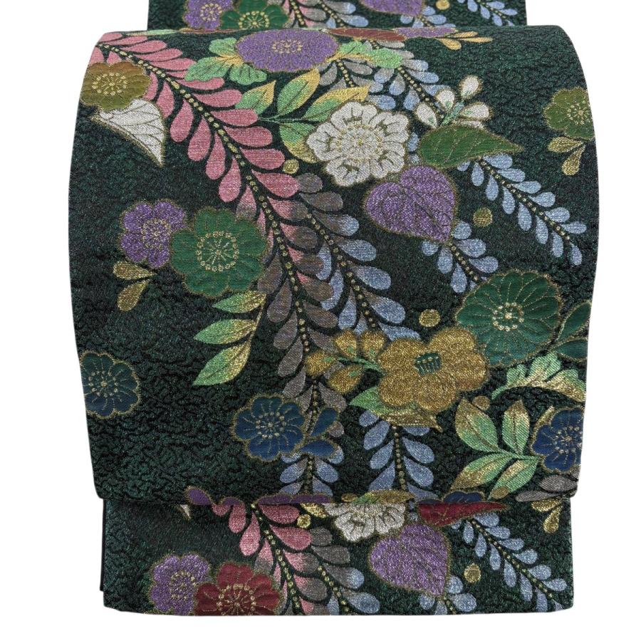 高級 正絹 夏帯 六通 袋帯 美品】 袋帯 秀品 草花 鳥 金糸 箔 黒 六通 正絹｜中古・古着・