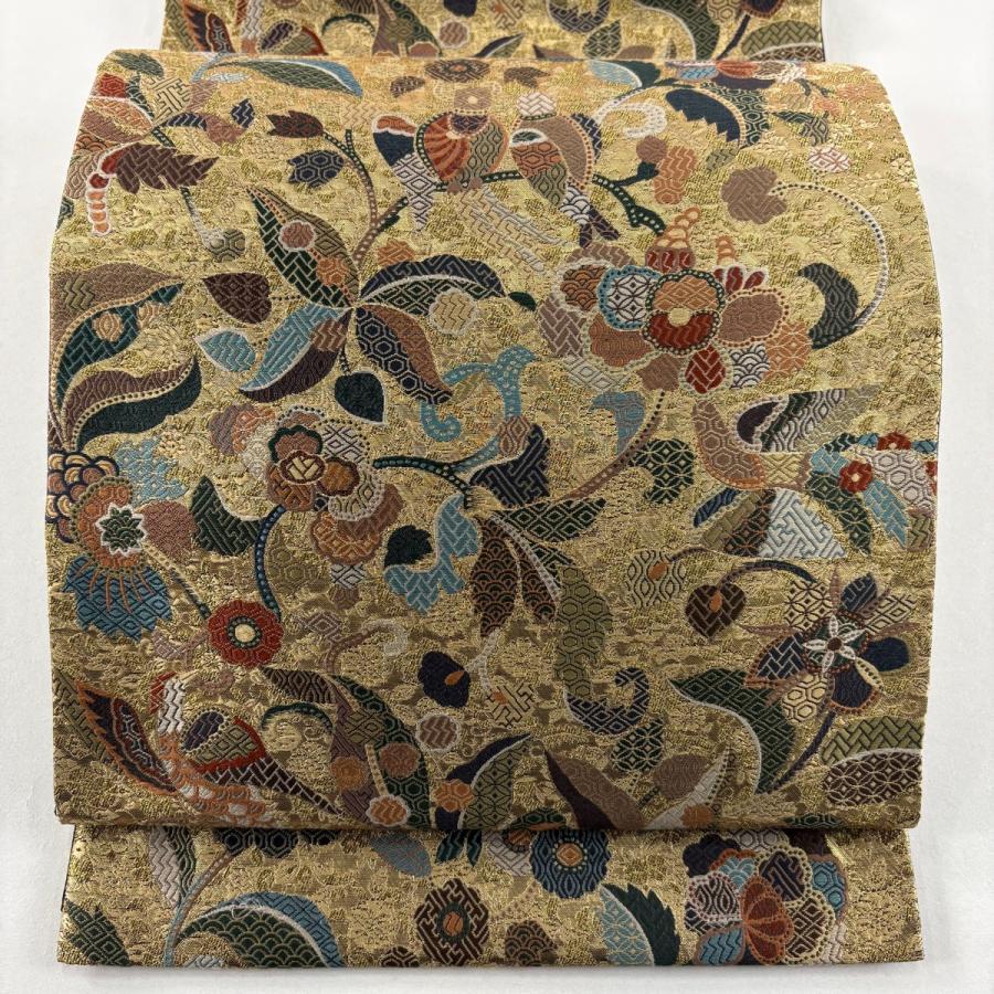 美品 袋帯 名品 花唐草 箔 金色 六通 正絹 中古 : リユースセレクト