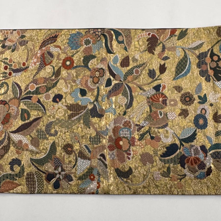 美品 袋帯 名品 花唐草 箔 金色 六通 正絹 中古 : リユースセレクト
