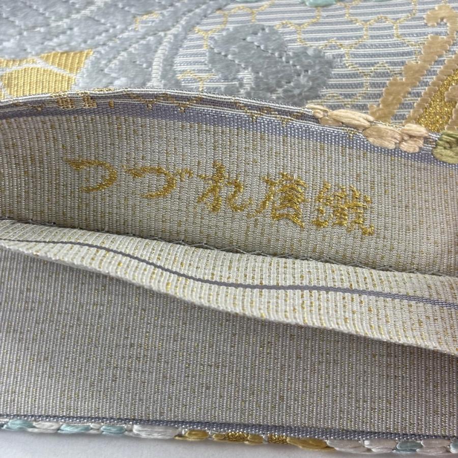 美品 袋帯 名品 草花 蝶 金糸 箔 灰色 六通 正絹 中古 : リユース