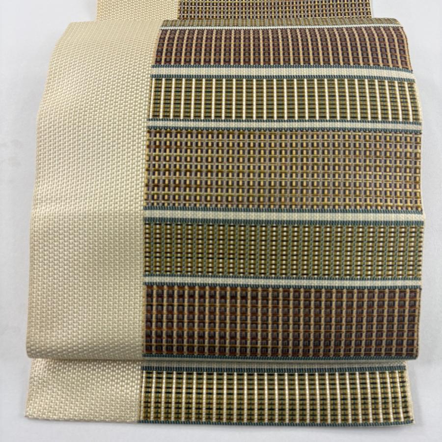 美品 名古屋帯 名品 松葉仕立て 八寸名古屋帯 段縞 格子 薄黄 正絹