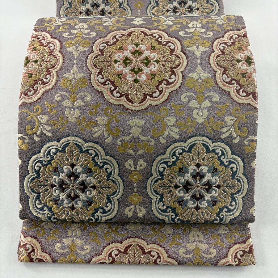 美品 袋帯 名品 華文 金糸 薄紫 六通 正絹 中古 : リユースセレクト