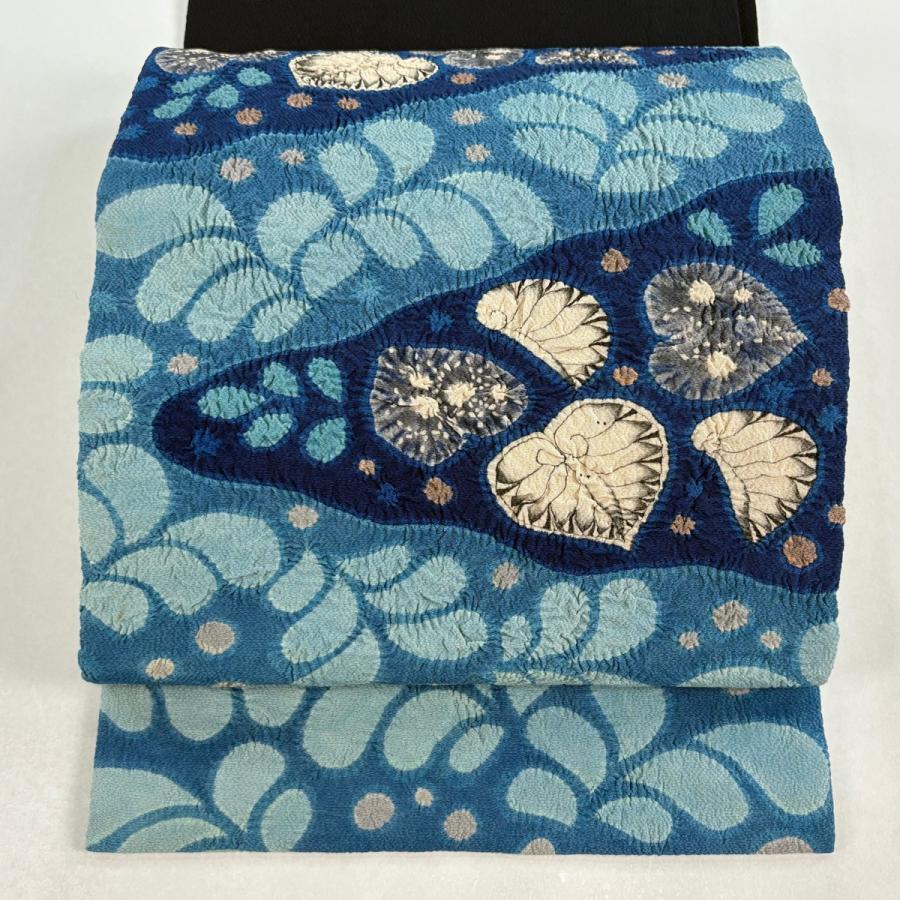 開き名古屋帯 名品 落款あり 葉柄 絞り 青 正絹 中古 : リユース
