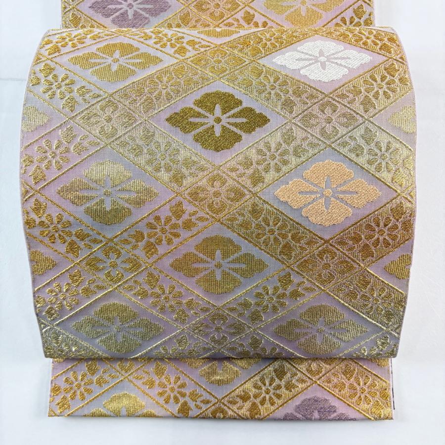 袋帯 格子柄 雰囲気の良いグラデーション 金銀糸 白茶色 O-4563 袋帯 格子柄 雰囲気の良いグラデーション 金銀糸 白茶色 O-4563