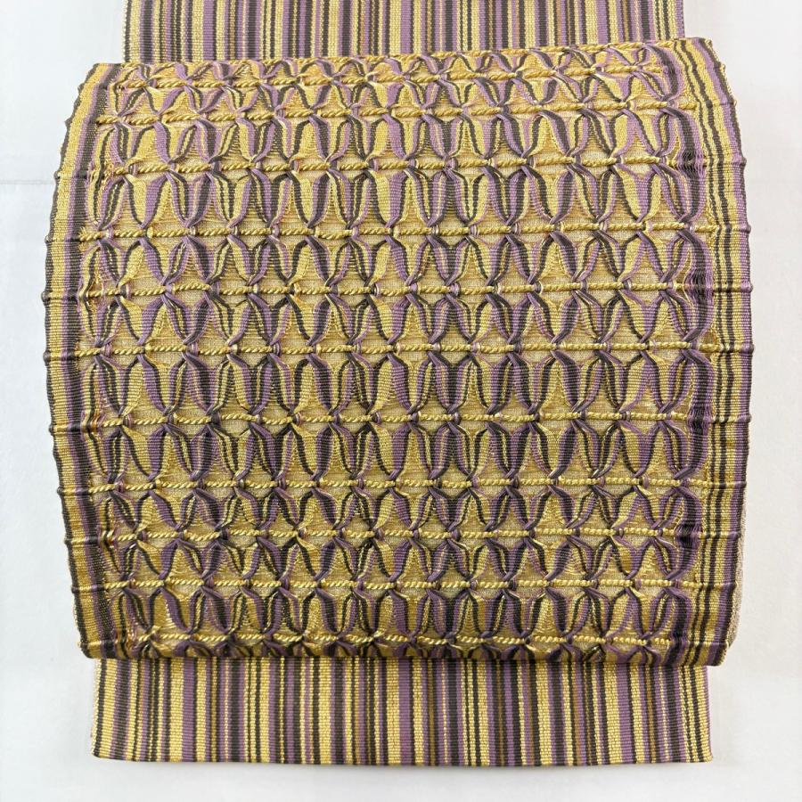 袋帯 名品 幾何学模様 縞 金糸 箔 紫 お太鼓柄 正絹 中古 : リユース