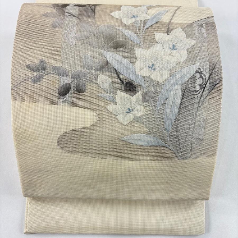 開き名古屋帯 優品 夏帯 紗 桔梗 萩 銀糸 箔 ベージュ 正絹 中古