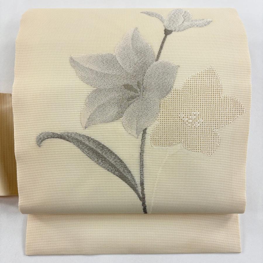 美品 名古屋帯 優品 夏帯 絽 草花 銀糸 刺繍 ベージュ 正絹 中古