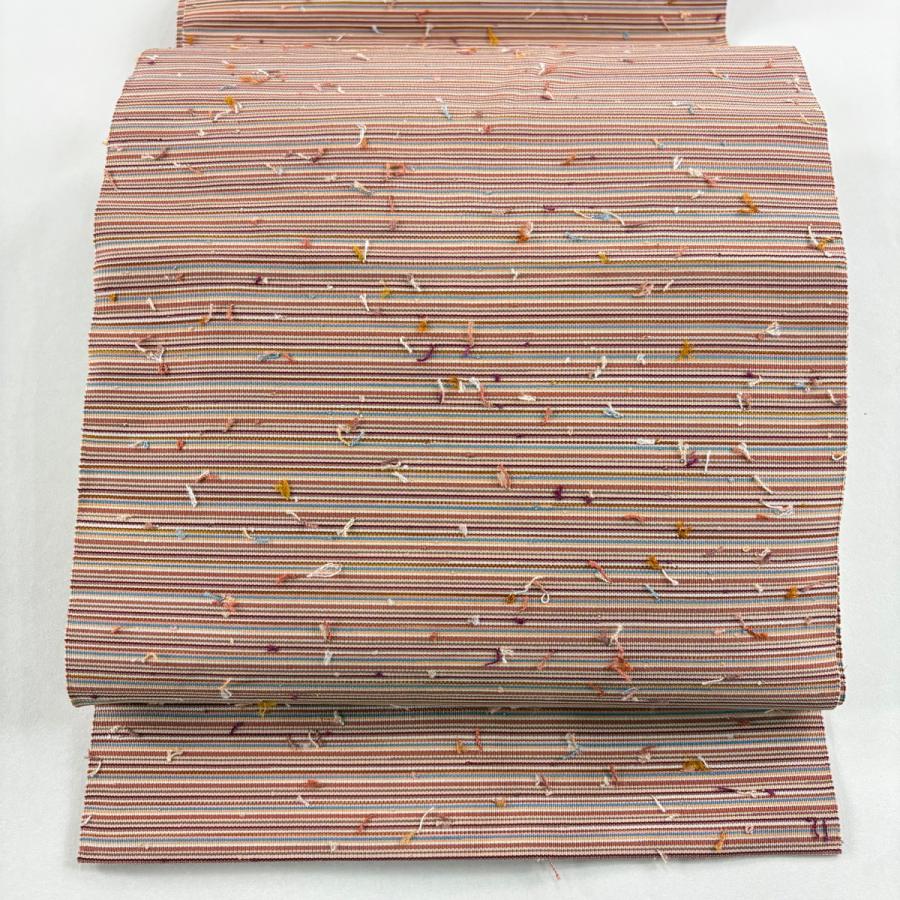 美品 名古屋帯 優品 松葉仕立て 八寸名古屋帯 髭紬地 縞 薄小豆 正絹