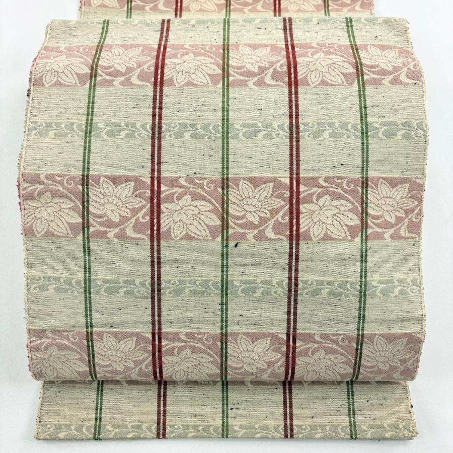 名古屋帯 優品 紬地 八寸名古屋帯 縞 花唐草 金糸 ベージュ 正絹 中古