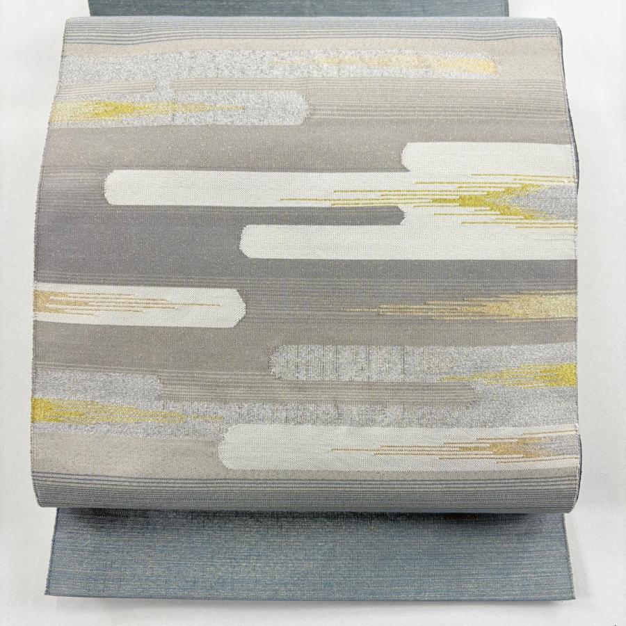 名古屋帯 優品 松葉仕立て 八寸名古屋帯 ヱ霞 縞 金銀糸 箔 灰緑 正絹