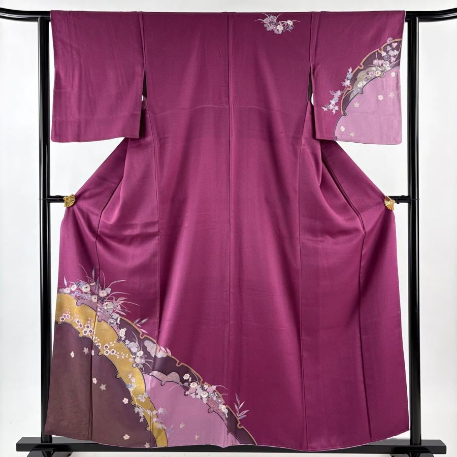 付下げ 身丈158.5cm 裄丈62.5cm S 袷 雪輪 草花 金彩 紫 正絹 秀品