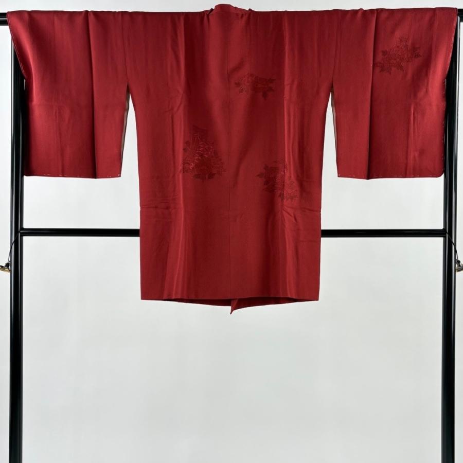 美品 道行 身丈89cm 裄丈68cm L 和装コート 角衿 草花 刺繍 赤 正絹 秀