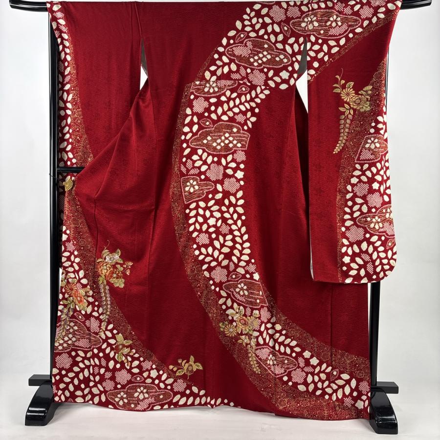 【美品】【振袖フルセット】 鈴乃屋 草花 幔幕 金彩 えんじ色 正絹 振袖 身丈168.5cm 裄丈68.5cm L 袷 鈴乃屋 草花 藤 刺繍 絞り 赤 正絹