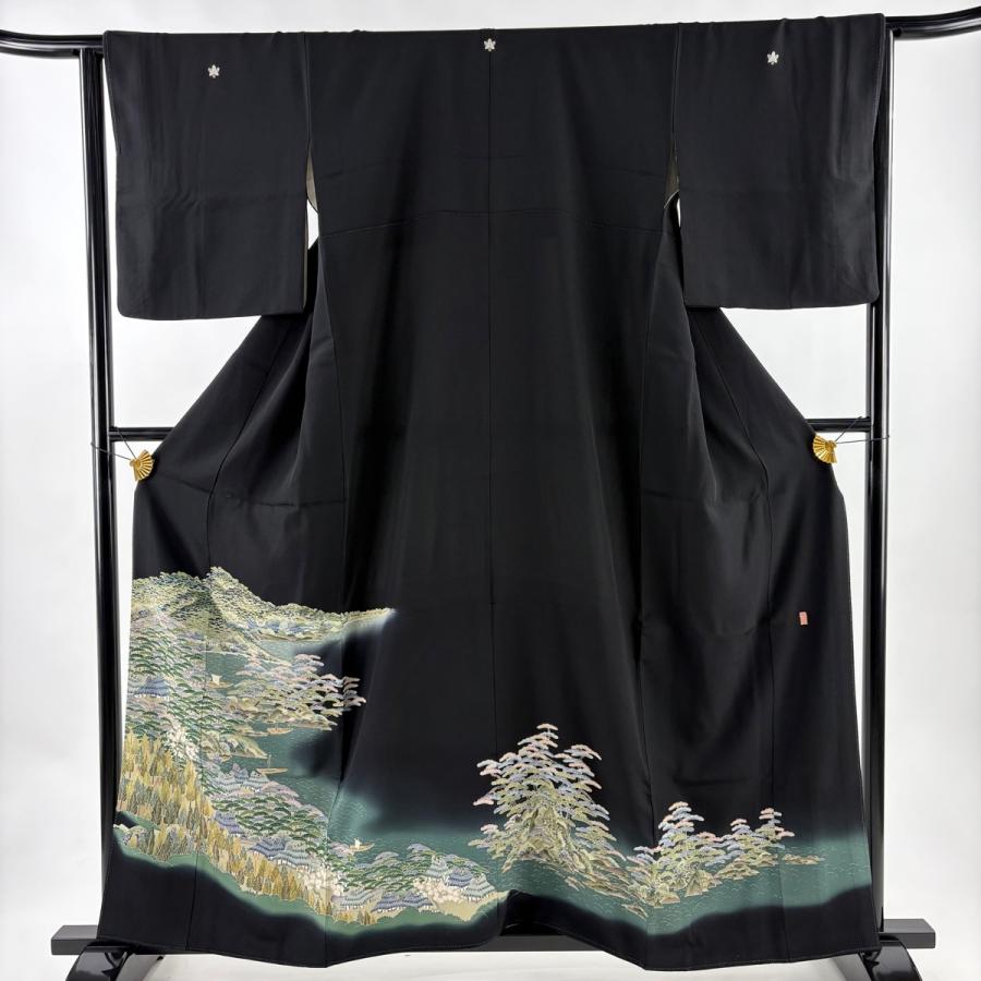 黒留袖 身丈159.5cm 裄丈64cm M 袷 落款あり 風景 舟 ぼかし 黒 正絹