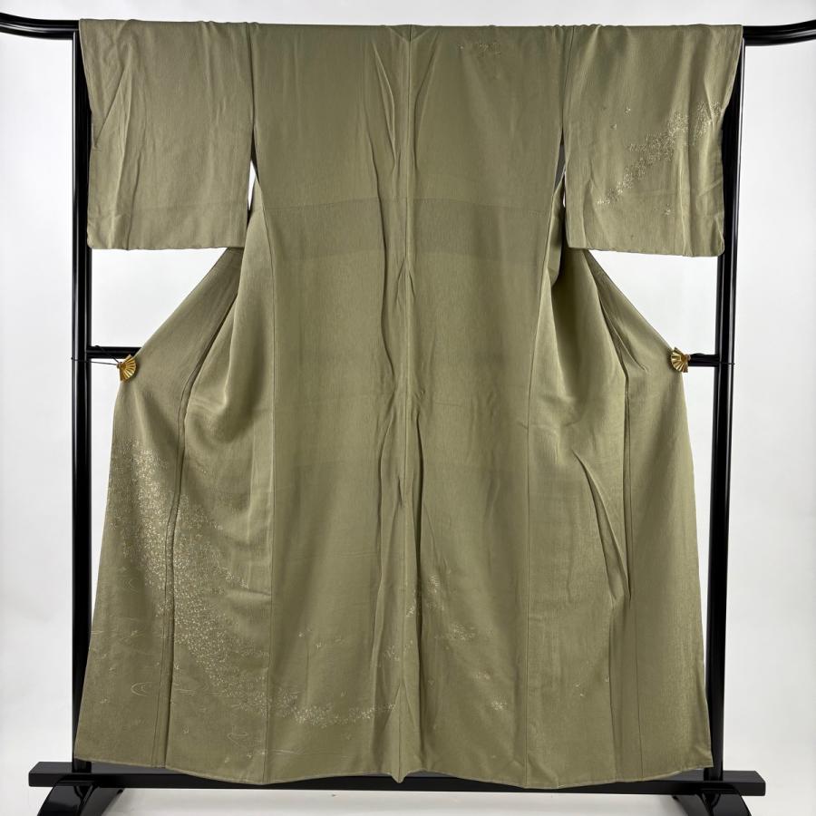 訪問着 身丈156cm 裄丈65cm M 袷 草花 流水 金糸 刺繍 抹茶色 正絹 秀