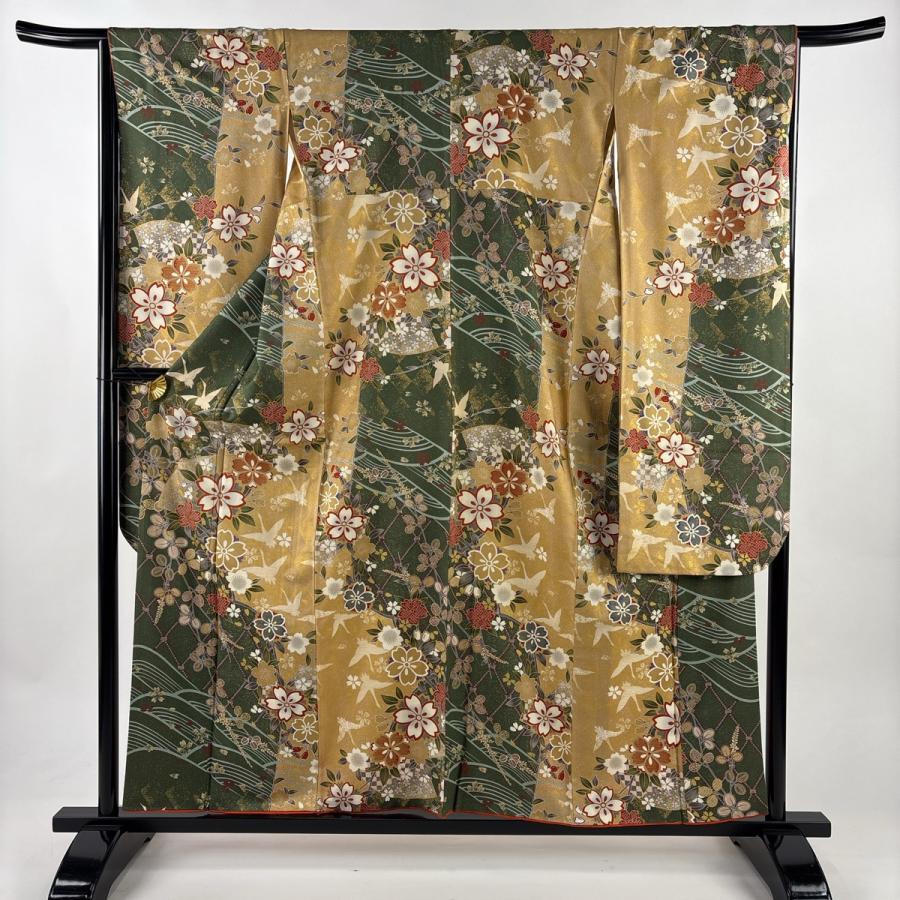 振袖 身丈157.5cm 裄丈65.5cm M 袷 鈴乃屋 桜 鶴 金彩 ベージュ 正絹