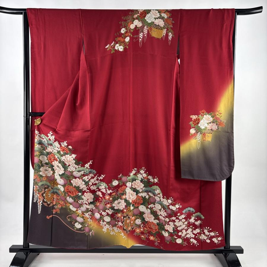 振袖 身丈157.5cm 裄丈65.5cm M 袷 花車 牡丹 金彩 ぼかし 赤 正絹 秀