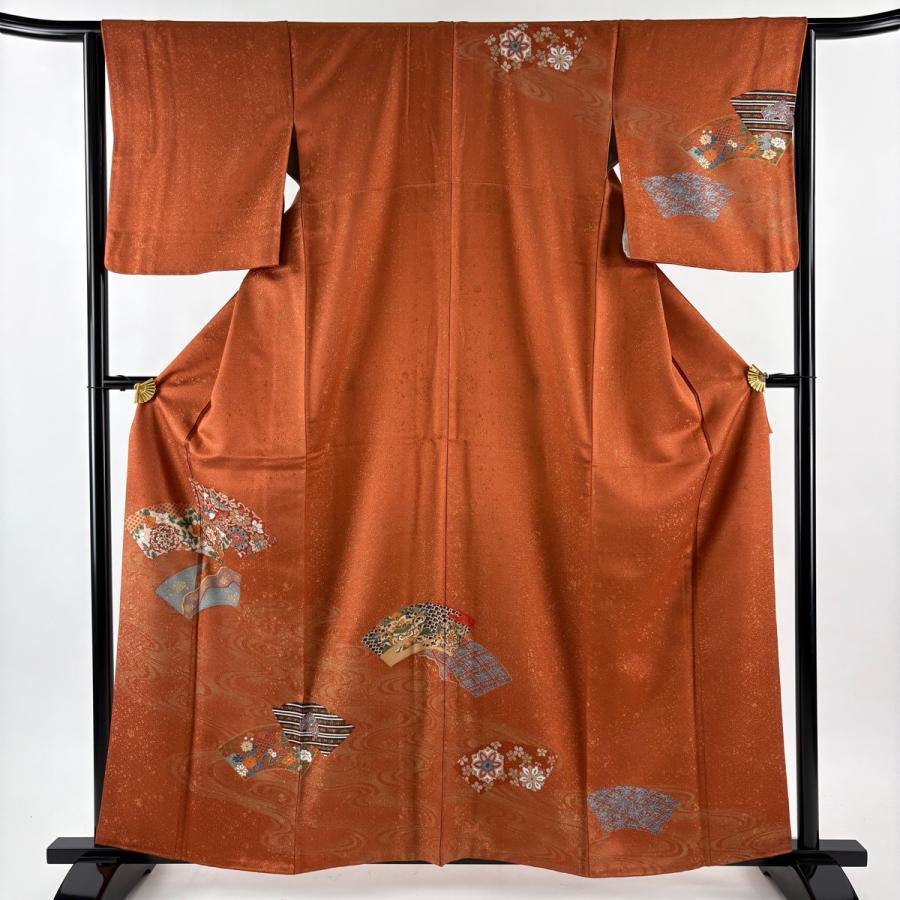美品 訪問着 身丈160.5cm 裄丈64cm M 袷 扇面 華文 金通し 金銀彩 赤茶