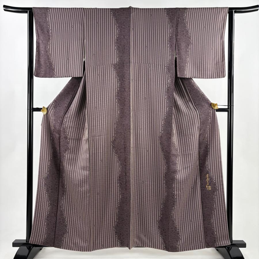 小紋 身丈160cm 裄丈62.5cm S 袷 斉藤三才 落款あり 桜 縦縞 茶紫 正絹
