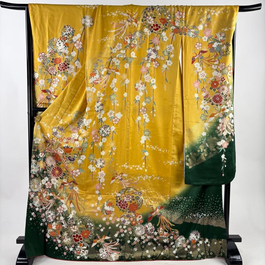 振袖 身丈171.5cm 裄丈71cm L 袷 花丸文 鳥 金糸 金彩 山吹色 正絹 秀
