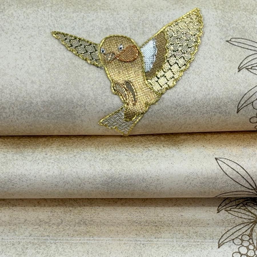 袋帯 逸品 鳥 葉と実 箔 ベージュ お太鼓柄 正絹 中古_2