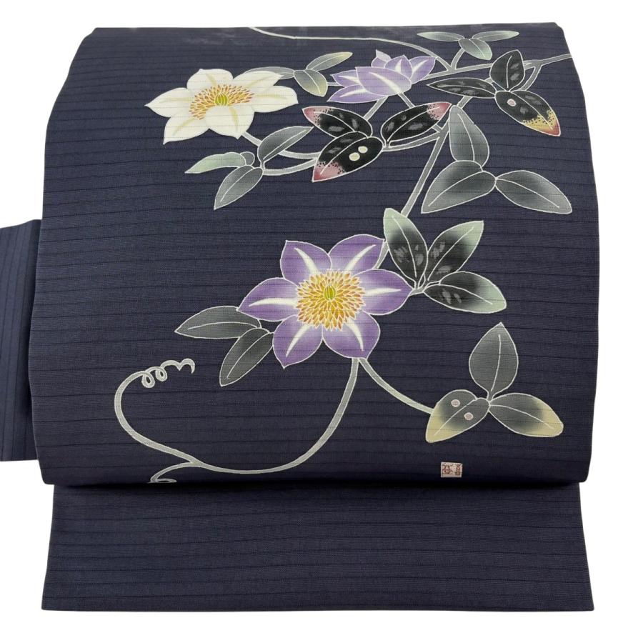 名古屋帯 逸品 羽田登喜 落款あり 夏帯 絽 草花 青灰色 正絹 中古