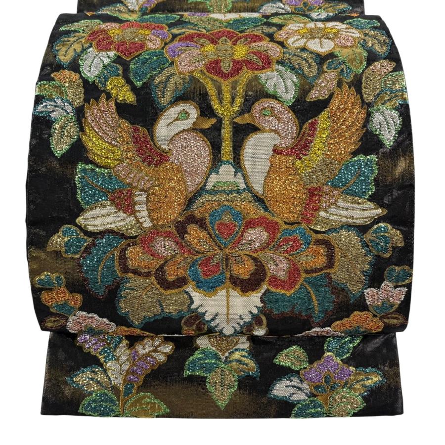 美品 袋帯 逸品 草花 向い鳥 金糸 箔 黒 六通 正絹 中古 : リユース