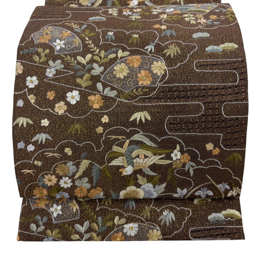 美品 袋帯 逸品 扇面 花鳥 刺繍 金糸 茶色 六通 正絹 中古