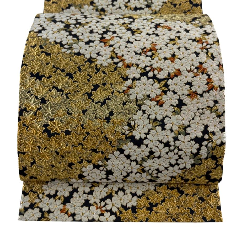 美品 袋帯 逸品 祥園 落款あり 桜 楓 金糸 黒 六通 正絹 中古