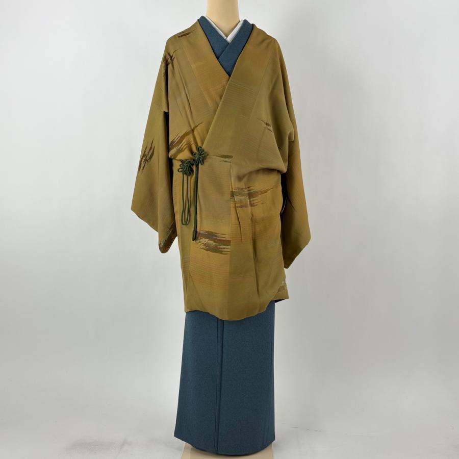 道中着 身丈99.5cm 裄丈68cm L 和装コート 霞 山吹茶色 正絹 秀品 中古 