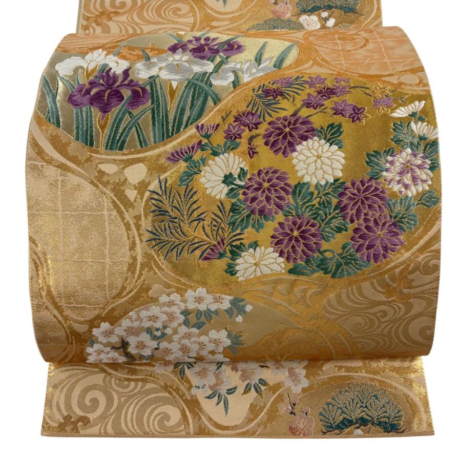 美品 袋帯 逸品 じゅらく 落款あり 帝王紫 菊 松梅 金糸 箔 金色 六通