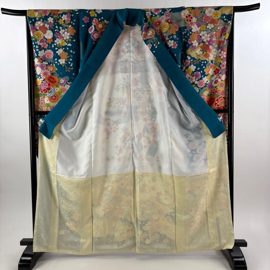美品 振袖 身丈164cm 裄丈65.5cm M 袷 扇面 草花 銀通し 金糸 青緑 正絹 逸品 中古_2