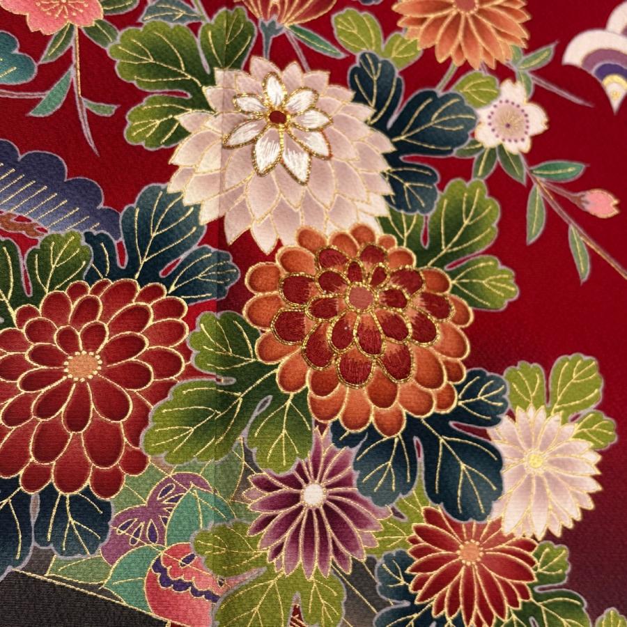 美品 振袖 身丈151.5cm 裄丈63.5cm S 袷 菊 松 刺繍 金彩 赤 正絹 名品 