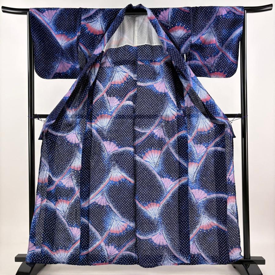 美品 浴衣 身丈160.5cm 裄丈64.5cm M 絞り浴衣 花 濃紺 綿 名品 中古